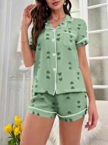 Miss Vinta Bộ đồ ngủ áo sơ mi ngắn tay và quần short thường ngày cho nữ, thiết kế tối giản phù hợp cho mùa hè - màu xanh lá - Xem 5