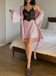 DAZY Satin & Lace Patchwork Sexy Fitted Camisole Dress & Belted Robe Sleepwear Pajama Set, Fall Winter Clothes - Pink - View 6