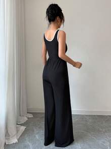 Chiquease Mono de punto negro casual con panel ancho sin mangas y acabado de puntada para mujer