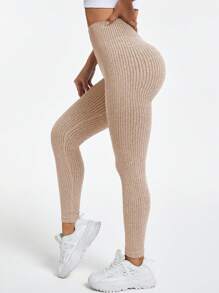 Easithlete Women Solid High Waist Seamless Ribbed Yoga Leggings - Khaki - View 3