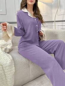 Conjunto de Pijama Feminino com Gola Babado Frontal com Botões e Recortes Coloridos, Roupas de Outono - Roxo - Visão 6