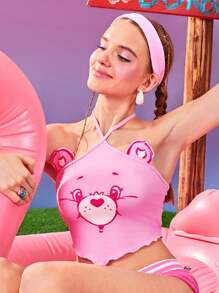 SHEIN X Care Bears Crop top rosa lindo con diseño de osos alegres y emojis, con parches de orejas 3D, de alta elasticidad, para conciertos, primavera y verano