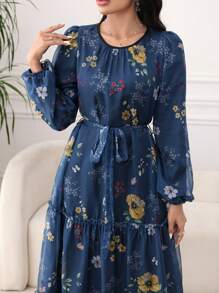 Modelyn 女式长款花卉印花雪纺收腰连衣裙，优雅春夏季 - 藏蓝色 - 查看 5