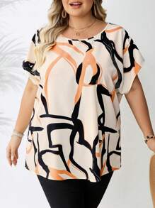 SHEIN CURVE+ Plus Size Women's Casual Striped Geometric Pattern Loose Round Neck Plus Size Shirt, Suitable For Spring And Summer Wear