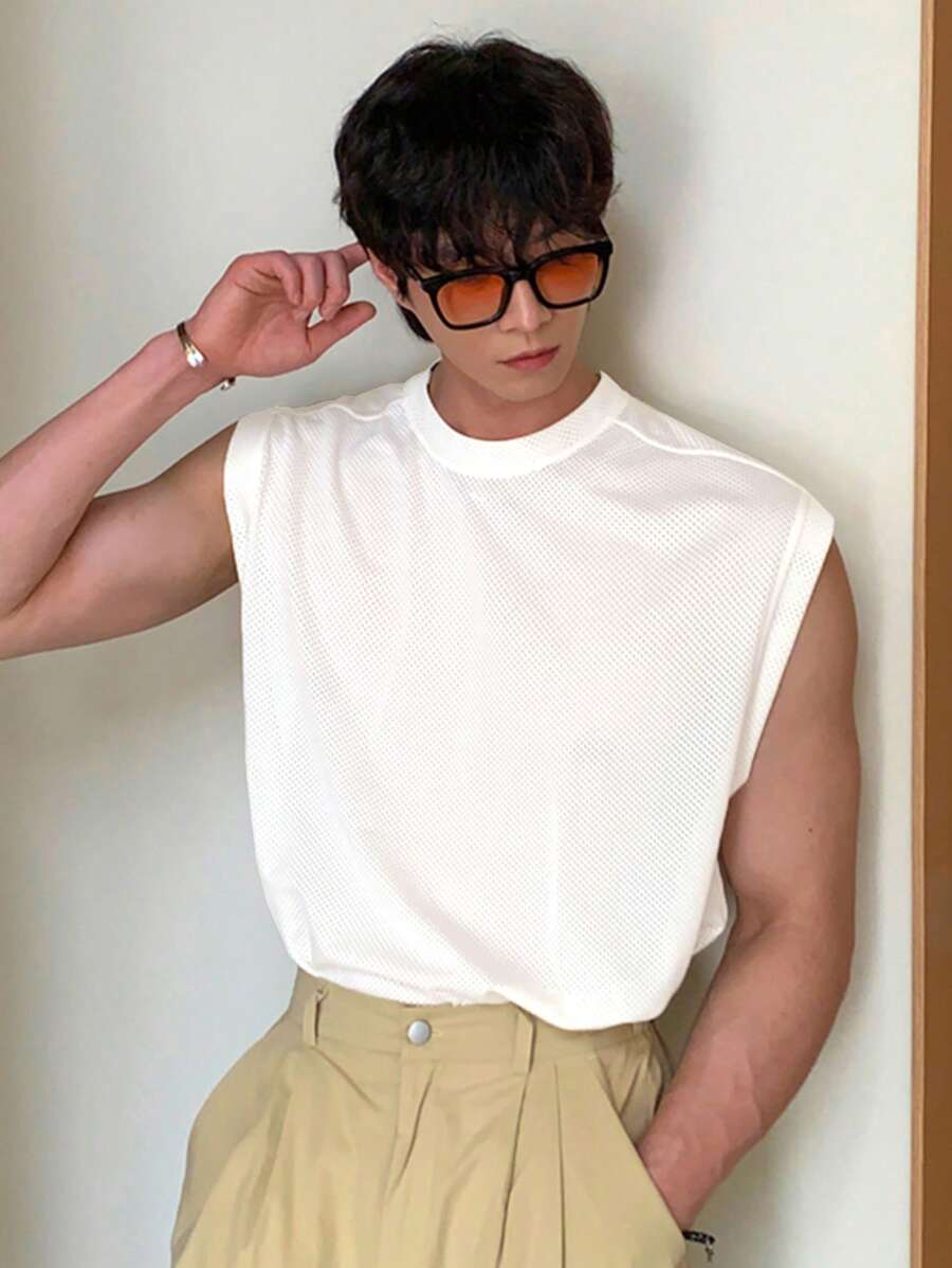 DAZY Men's Solid White Mesh Basketball Tank Top, Summer - White - View 1