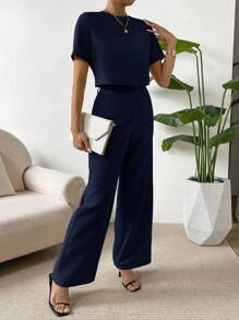 SHEIN Essnce 2 Pieces Set Women Short Sleeve Round Neck Solid Color T-Shirt And Pants,Summer Sets - Navy Blue - View 6