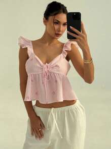 Aloruh Nouvelle mode Top babydoll évasé à manches à volants, taille marquée, nœud papillon et dos nu