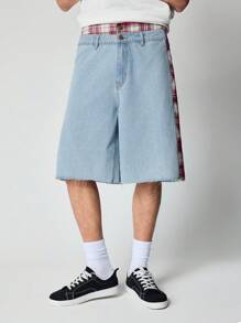 ROMWE MEN Street Life Men's Prep Patchwork Plaid Casual Loose Denim Shorts - Baby Blue - View 1