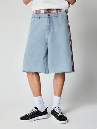 Street Life Pantaloncini di jeans casual e larghi con patchwork e motivo a quadri per uomo