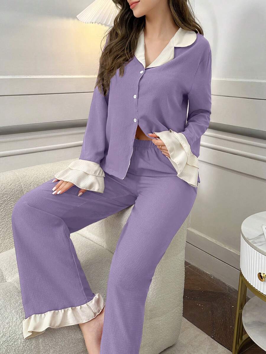 Conjunto de Pijama Feminino com Gola Babado Frontal com Botões e Recortes Coloridos, Roupas de Outono - Roxo - Visão 1