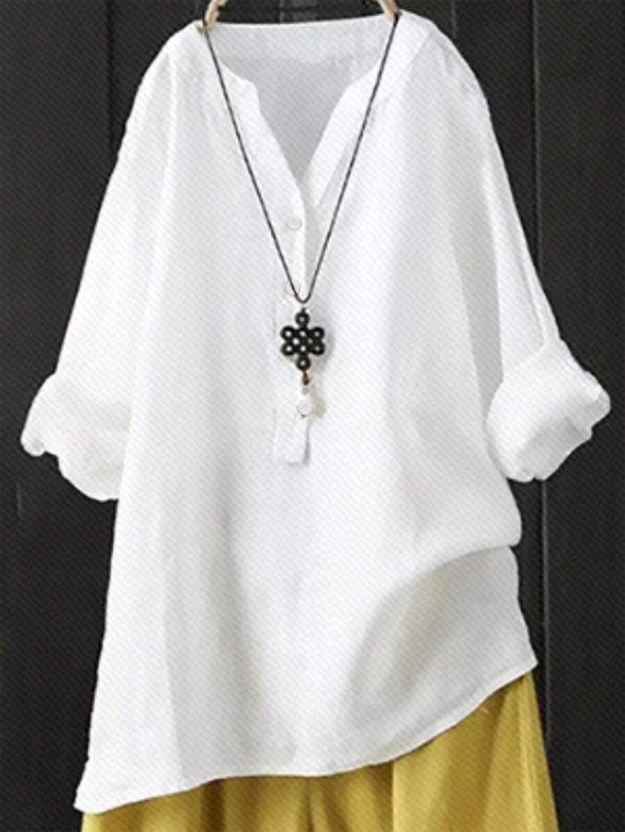 SHEIN Plus Size Solid Color Long Sleeve Shirt, Minimalist And Fashionable, Suitable For Summer - White - View 1