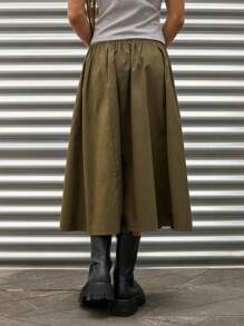 COUREZ Parachute Low Waist Midi Skirt Y2K Vintage 100%Cotton - Army Green - View 3