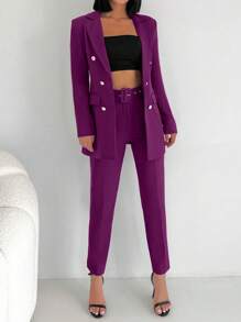 SHEIN Cottnline Double Breasted Blazer & Belted Trousers - Purple - View 1