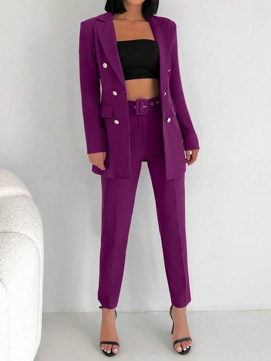 SHEIN Cottnline Double Breasted Blazer & Belted Trousers - Purple - View 1