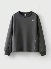 JNSQ Back To School Clothes, Tween Girls And Boys Oversized Long Sleeve Hoodies, Round Neck Contrast Color Reflective Tape Funny Letter Print Long Sleeve Sweatshirts, Suitable For Autumn, Winter Daily Wear, Outdoor Activities, Vacation, Streetwear, Party And Casual - Dark Grey - View 3