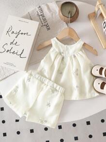 Souflis Souflis Baby/Baby Girl Vintage Style Ditsy Floral Embroidered Halter Top And Shorts Set, Summer