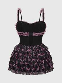 ROMWE Kawaii Vestido de fiesta de talla grande con aplicación de moño dulce y malla para el Día de San Valentín