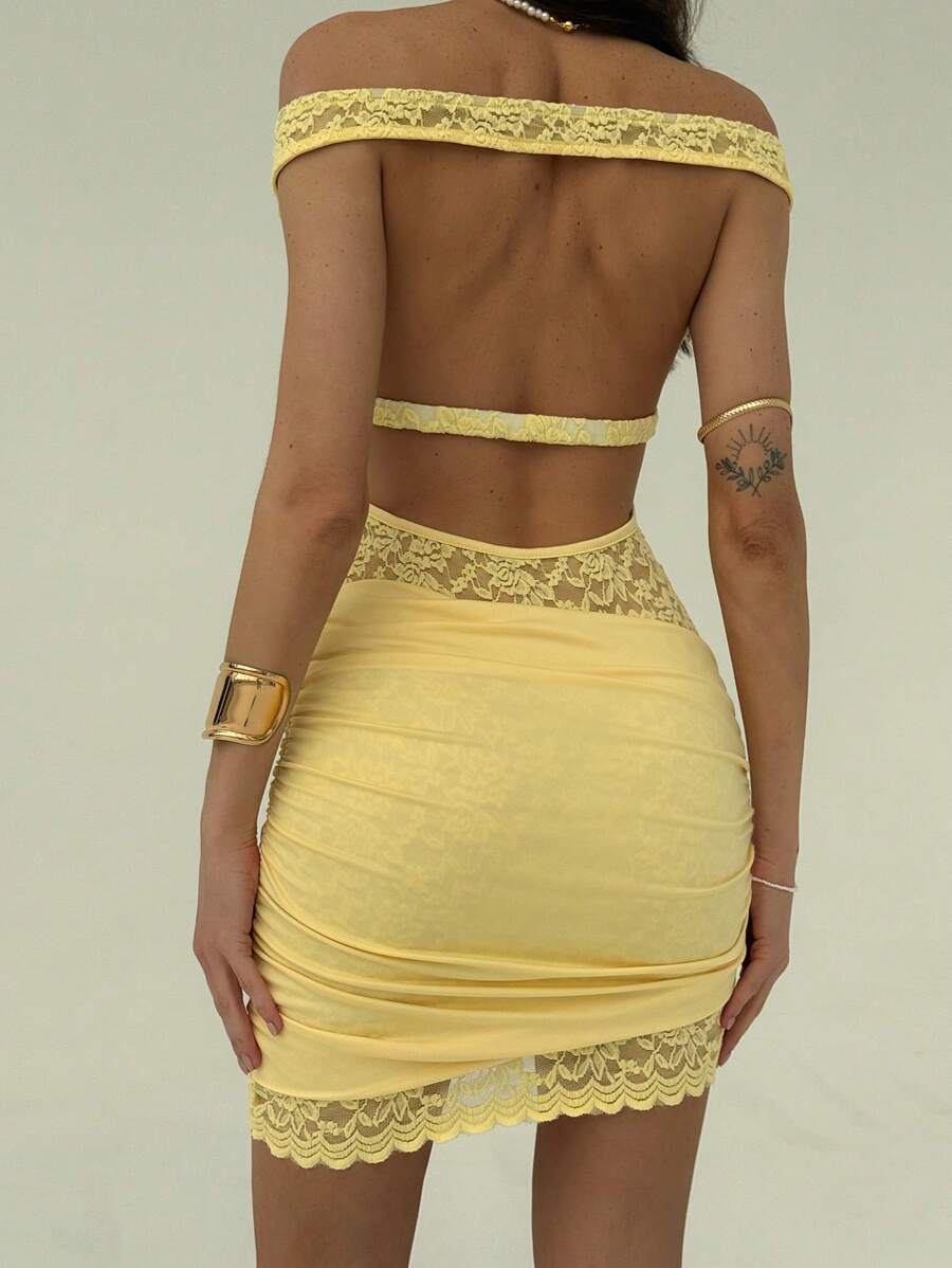 Aloruh 褶皱蕾丝拼布迷你连衣裙，紧身，浅黄色，夏日假期 - 黃色 - 查看 1