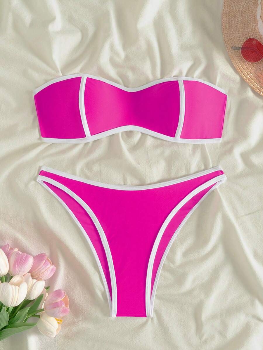 SHEIN Swim Women's Summer Beach Ruched Bandeau Sexy Bikini Set - Multicolor - View 1