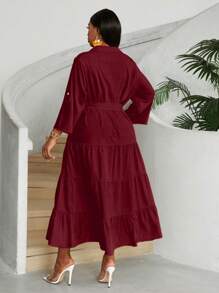Maweii Abito maxi da donna con scollo a V, abbottonatura frontale, maniche lunghe, con cintura e balza in vita, elegante e adatto a taglie comode