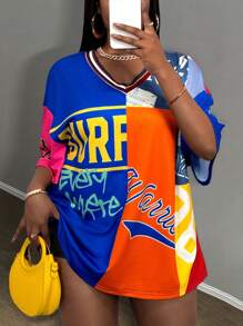 Slaydiva Plus Size 2025 New Easter/Western/Thanksgiving Women, Winter Casual Streetwear, Colorblock V-Neck Short Sleeve Top - Navy Blue