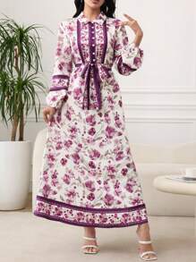 SHEIN Lacomfia Vestido midi con estampado de estación primavera/verano, cuello de camisa, de una sola hilera de botones, y cintura con cinturón