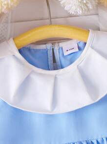 女婴彼得潘领无袖荷叶边公主裙，蓝色清新可爱，夏季 - 藍色 - 查看 7