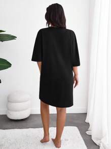 RueChic Women Plus Size Heart Printed Homewear Basic Sleep Dress - Black - View 2