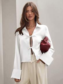 COSMINA Women's Plain White Front Tie Long Sleeve Minimalist Business Casual Work Shirt, Casual Daily Wear FAll - White - View 8