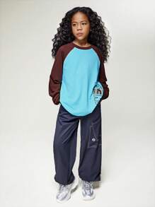 JNSQ Nouveaux sweats à capuche décontractés à manches longues pour enfants, pulls blocs de couleurs à col rond avec imprimé graphique de lettres pour enfants