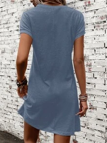 SHEIN LUNE Women's Solid Color V-Neck Lace Short Sleeve Straight Casual Midi Dress