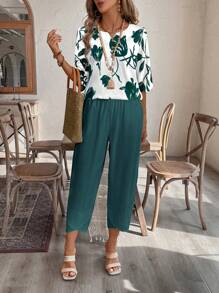 EMERY ROSE Women Floral Print Blouse And 7/8 Pants Set,Summer Sets