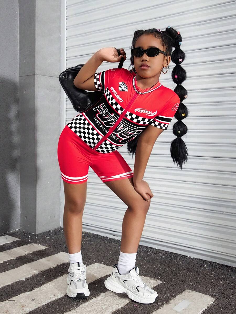 Tween Girls' Red Letter & Checkerboard Print Tight Fitting Jumpsuit Shorts - Red - View 1