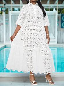 SHEIN Lady Plus Size Casual Solid Color Hollow Out Embroidery Dress - White - View 4