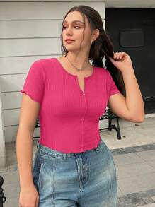 SHEIN EZwear 大码女式 V 领纯色短袖 T 恤 - 玫紅色 - 查看 5