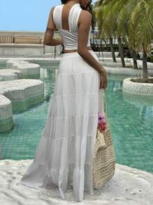 Lunelith SHEIN Lunessa 2 sztuki damskiego zestawu wakacyjnego, swobodnego, solidnego topu tuby i spódnicy