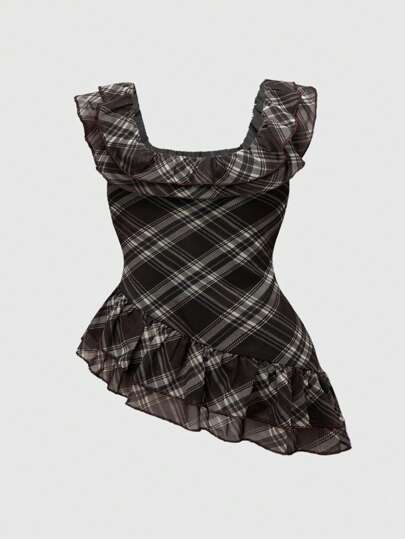 J-Fashion Top asimétrico estampado a cuadros retro de la década del 2000 talla grande