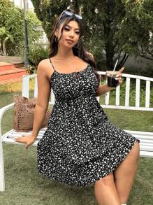 SHEIN EZwear Plus Size Black Ditsy Floral Bohemian Style A-Line Dress, Holiday Season, Spring/Summer