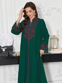 Al Najma Women's Floral Embroidered V-Neck Abaya Robe Long Sleeve, Modest Kaftan - Dark Green - View 4