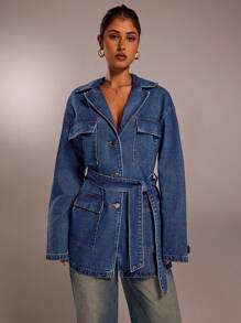 Forever 21 Fall & Winter Women Blue Denim Jacket Christmas New Years Holiday Party Women Coat Blue Coat Holiday New Years Loose Coat Long Sleeve Coat New Years Eve New Years Christmas Party Women Denim Holiday Women Holiday Christmas Y2k Loose Collared Retro Party Wear Blue Washed With Pockets Street Style Belt Classy Daily Wear Casual Denim Coat - Blue - View 5