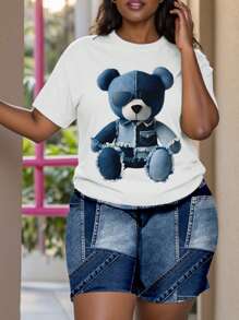 Slaydiva Set de 2 piezas para mujer de talla grande con camiseta de manga corta con estampado de oso de dibujos animados y pantalones cortos estampados, conjunto casual de verano