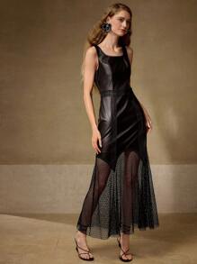 MOTF PREMIUM VESTIDO CON CUELLO REDONDO, CINTURA CEÑIDA Y ENCAJE CONTRASTANTE - Negro - Ver 3