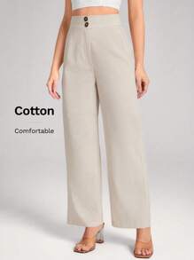 SHEIN LUNE 女式高腰半开亚麻棉混纺休闲度假优雅直筒裤 - 杏色 - 查看 1