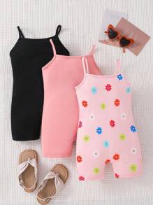 SHEIN Leap Crew 3pcs Set Young Girl Solid Color Snug Fit Casual Jumpsuit & Flower Pattern Knit Casual Jumpsuit Set For Spring - Purple - View 1