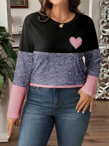 SHEIN LUNE Plus Size Women Colorblock Print Round Neck Long Sleeve Casual T-Shirt,Valentine Fall Cloth For Women