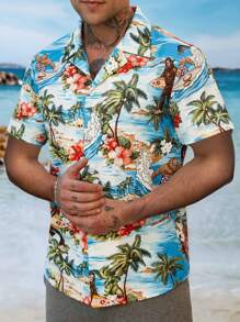 Manfinity RSRT Camisa casual de manga corta con estampado de palmeras tropicales para hombre