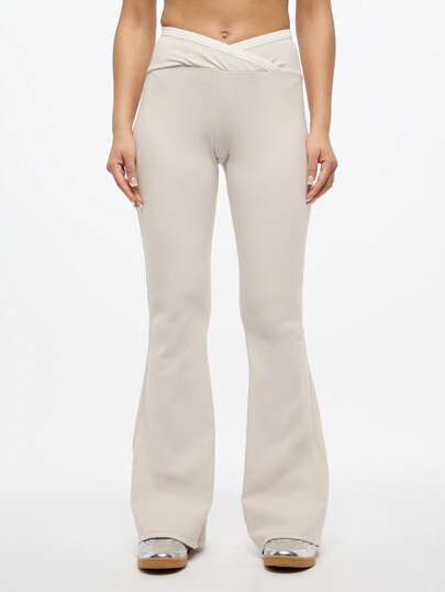 SUMWON WOMEN Pantalones de yoga con cintura en V superpuesta, acampanados, para entrenamiento atlético de alto impacto, danza, práctica de estudio, fitness, que absorben la humedad y son elásticos