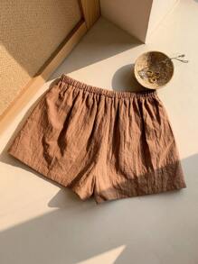 SHEIN Comfortcana 纯色前结佛罗里达短裤，简约时尚的设计，适合夏季 - 棕色 - 查看 2