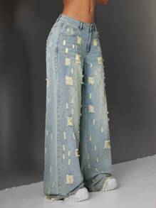 Jeanoix Jeans anchos y desgastados de mujer, estilo casual - Azul - Ver 1