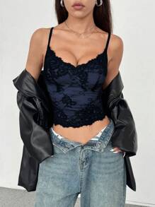 Rina Fox Camiseta interior de encaje de estilo francés con contraste de color y espalda descubierta para mujeres, blusas gráficas para mujer